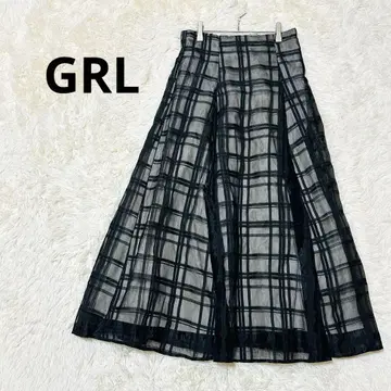 그레일 시어 롱 플레어 스커트 체크 무늬 하이웨스트 페미닌