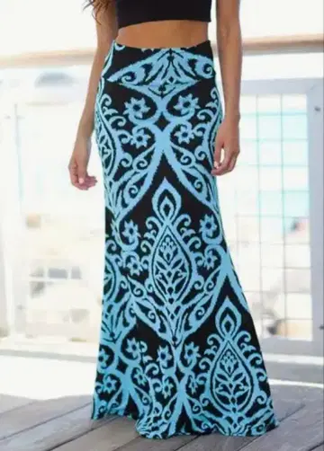 롱 스커트 맥시 길이 에스닉 패턴 블랙 블루