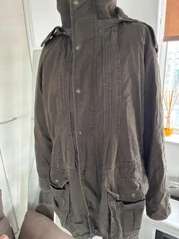 올리브 그린 모즈 코트 탈부착 후드 레이 카즌