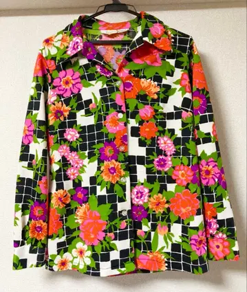 꽃무늬 체크 긴팔 셔츠 여성용 L 컬러풀 쇼와 레트로 올 패턴 사이키