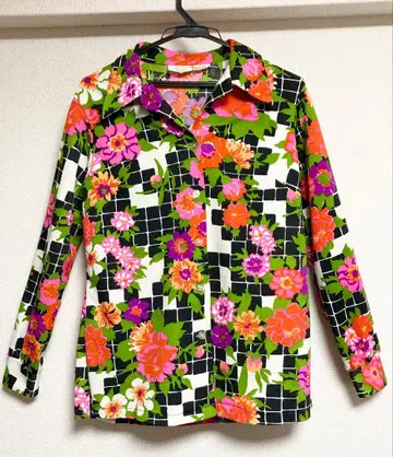 꽃무늬 체크 긴팔 셔츠 여성용 L 컬러풀 쇼와 레트로 올 패턴 사이키