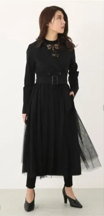 [ 미사용 ] rienda 튤 콤비 트렌치코트 블랙