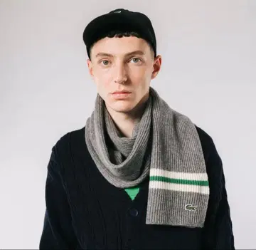 [ 즉시 구매 OK ] 라코스테 리브 니트 라인 머플러 라이트 그레이