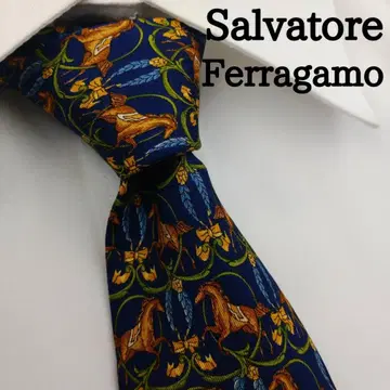 살바토레 페라가모 고급 실크 넥타이 올 패턴 네이비