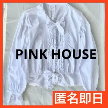 핑크하우스 블라우스 플리츠 리본 긴팔