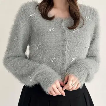 Heather 샤기 리본 가디건 그레이