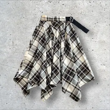 체크 무늬 비대칭 스커트 벨트 포함 F