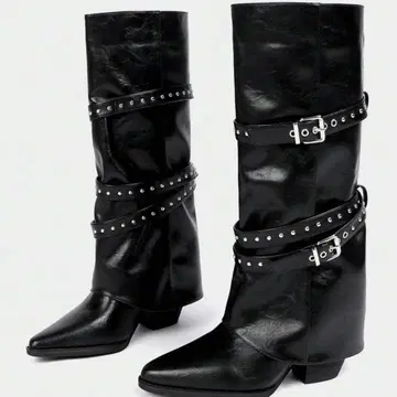 스터드 장식 블랙 롱 부츠