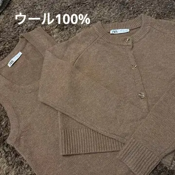 울 100%! ZARA 브라운 니트 가디건 슬리브리스 셋업