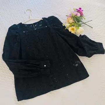 블랙 자수 블라우스 긴팔 퍼프 슬리브 레이스 시어 블라우스