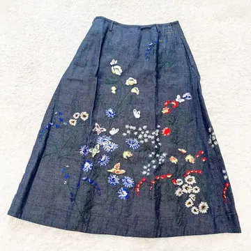 45r 면린넨 굵은 데님 자수 스커트 롱 인디고