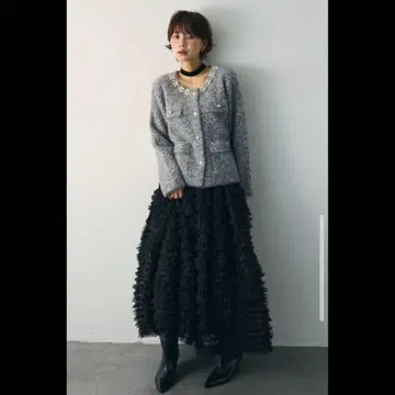 펄 비쥬 넥 니트 자켓 휘핑 튤 캉캉 스커트 플라네