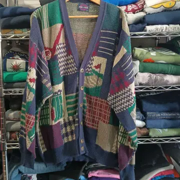 빈티지 USA 구제 의류 골프 올 패턴 코튼 니트 가디건