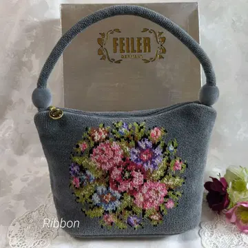 FEILER 페이러 핸드백 꽃무늬 자수 그레이