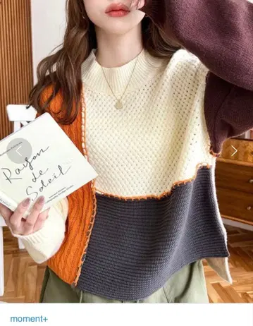 [새상품급] moment+ 클레이지 패턴 블로킹 니트 풀오버