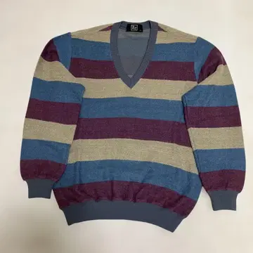 T&C V넥 니트 스웨터 파랑 보라색 베이지 스트라이프