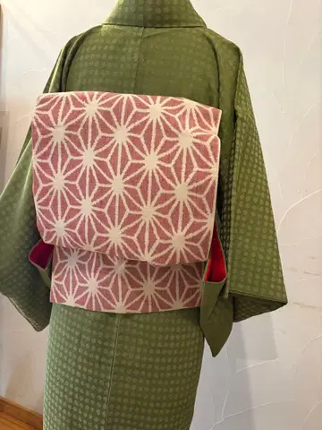 후쿠로 오비 면 마 잎 무늬 더스티 핑크 오렌지 리버서블 올 패턴