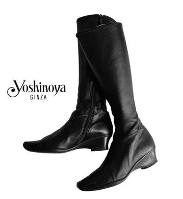새상품급 긴자 요시노야 고급 천연 가죽 웨지솔 롱 부츠 블랙 22.5
