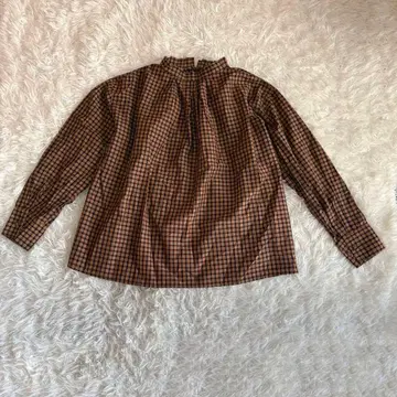 conges payes 여성용 긴팔 블라우스 L 체크 브라운 면