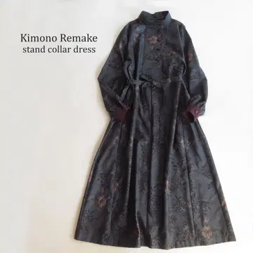 기모노 리메이크 오시마 명주 스탠드 카라 원피스 퍼프 슬리브 맥시