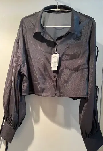 소매 리본 라메 시어 숏 셔츠