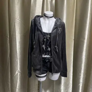 벨로아 후드티 풀 집업 스팽글 로고 자수 페어리 그런지