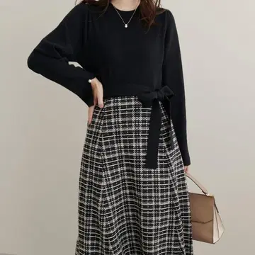 natural couture 체크 무늬 도킹 니트 원피스 블랙