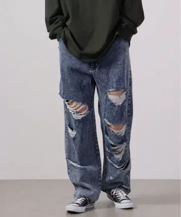 MARENGO 데미지 데님 와이드 팬츠