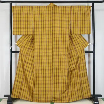 LL 사이즈 165cm 겨자색 격자 무늬 순수 실크 캐주얼 a848