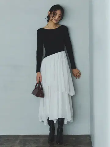 anuans 보트넥 불규칙 밑단 도킹 니트 원피스