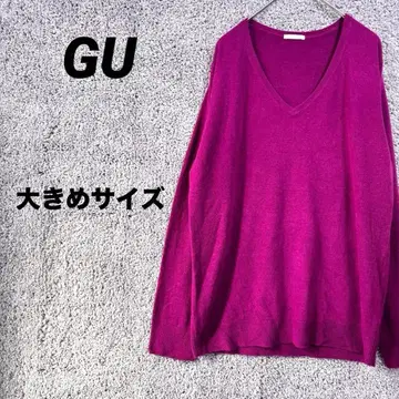 3429 GU [XL] V넥 스웨터 니트 짙은 핑크 루즈핏