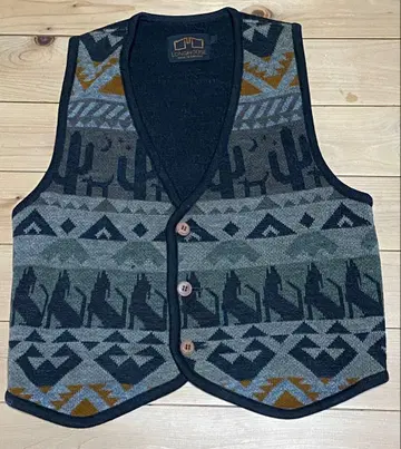 캐나다제 LONGHOUSE 롱하우스 울 니트 베스트 네이티브 무늬