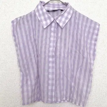 자라 | 슬리브리스 체크 무늬 셔츠 [ XS ] 시어서커 크롭 퍼플