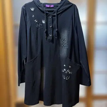 고양이 자수 후드 부착 후드티 블랙 포켓 있음 미사용 새상품