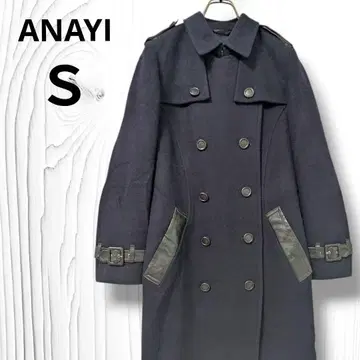 아나이 롱 트렌치코트 36 다크 네이비 울 가죽 절개 더블 버튼 S