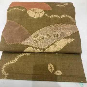 염색 시보리 스탄 나고야 오비 올리브 그린 핑크 자수 순수 실크 쓰무지