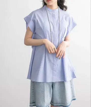 라이트 블루 반팔 셔츠 스탠드 카라