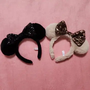 디즈니 머리띠 미니 세트 복슬복슬 스팽글 블랙 베이지