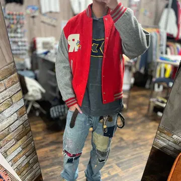 울 90s 럭비 L 바시티 자켓 빨간색 그레이 R 자수