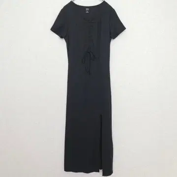 데이지 반팔 슬릿 롱 원피스 [S] 가슴 개더 타이트 블랙