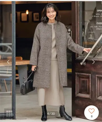 anyFAM 캐시미어 블렌드 노카라 코트 체크 무늬