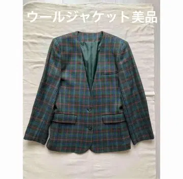 미사용품 울 100% 귀여운 체크 노카라 자켓