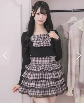 pium 체크 리본 티셔츠 셔링 티어드 체크 스커트