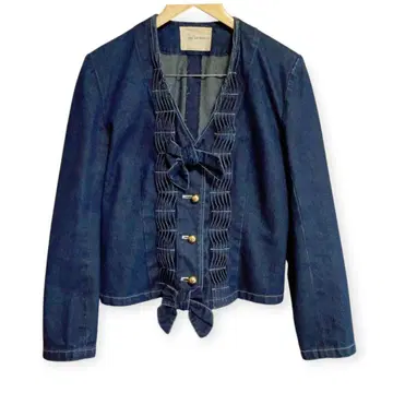 [새상품급] pa se ri 데님 자켓 노카라 긴팔 리본 네이비