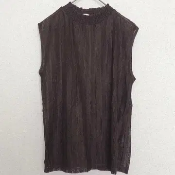 지유 슬리브리스 레이스 T셔츠 [ M ] 프릴 넥 다크 브라운 얇은 소재