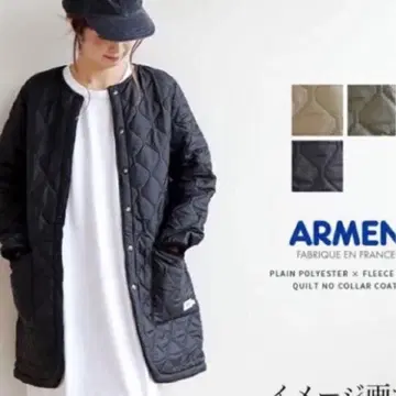 ARMEN 블랙 퀼팅 노카라 코트