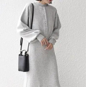 가디건+리브 원피스 셋업 쉽스 니트 원피스 그레이