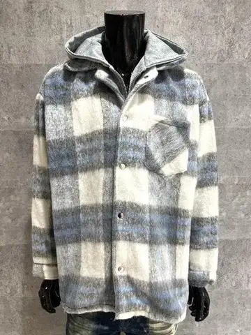 후드 레이어 체크 셔츠 자켓 블루 L 빅 실루엣 아메카지