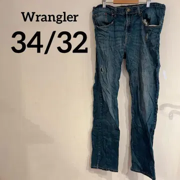 Wrangler [ 34/32 ] 슬림 스트레이트 데님 데미지 가공