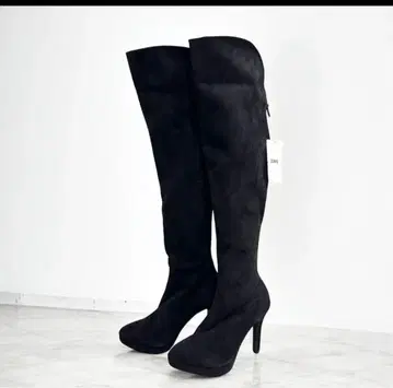 DURAS 블랙 스웨이드 니하이 부츠 하이힐